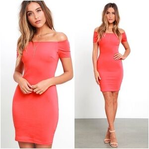 LULU’S Me Oh My Coral Red Off The Shoulder Bodycon Dress